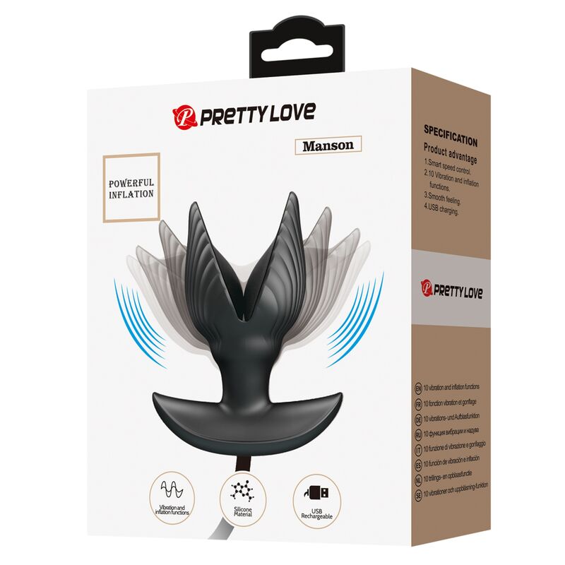 Close-up do PRETTY LOVE Plug Anal Inflável Recarregável com Vibração, mostrando seu design ergonômico e material de silicone preto.