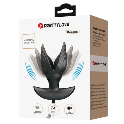 Close-up do PRETTY LOVE Plug Anal Inflável Recarregável com Vibração, mostrando seu design ergonômico e material de silicone preto.