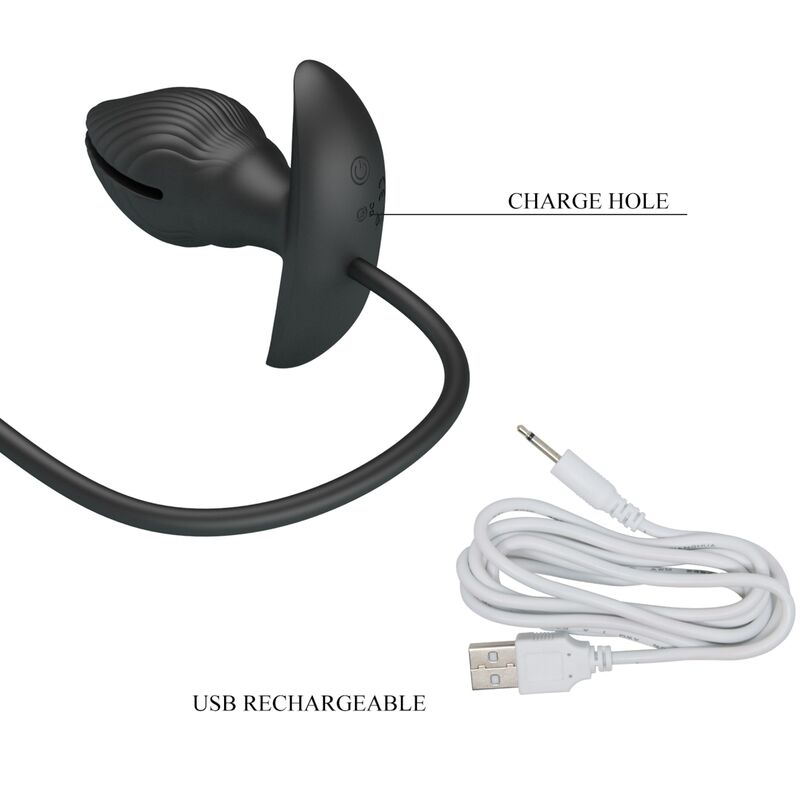 Close-up do PRETTY LOVE Plug Anal Inflável Recarregável com Vibração, mostrando seu design ergonômico e material de silicone preto.