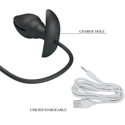 Close-up do PRETTY LOVE Plug Anal Inflável Recarregável com Vibração, mostrando seu design ergonômico e material de silicone preto.