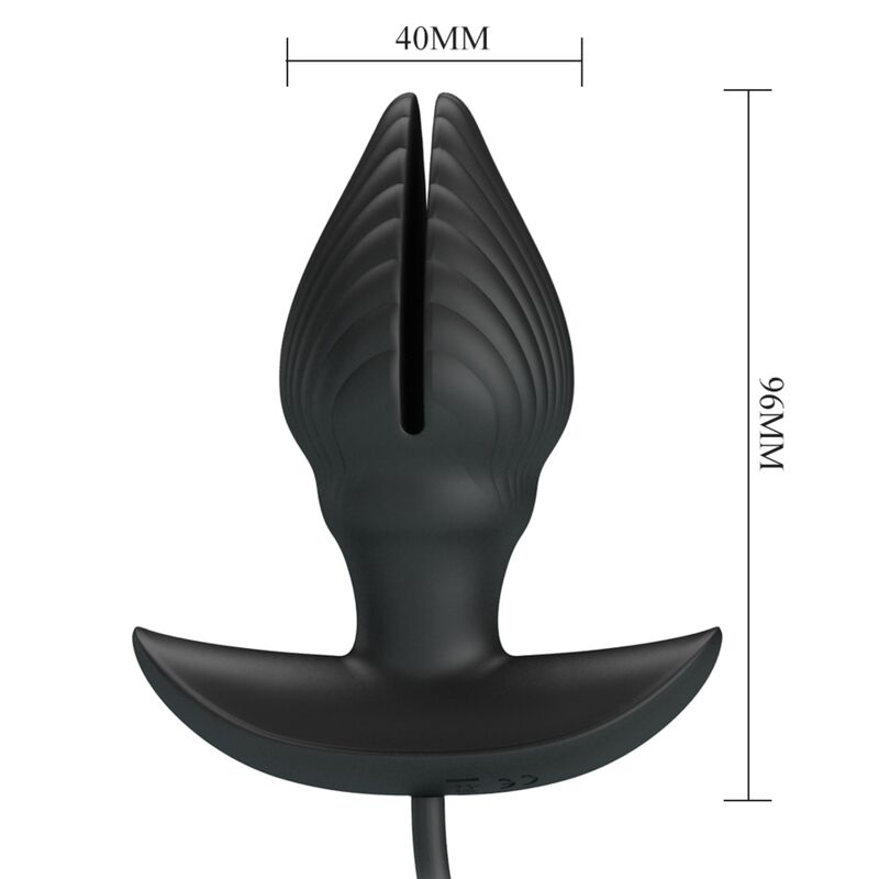 Close-up do PRETTY LOVE Plug Anal Inflável Recarregável com Vibração, mostrando seu design ergonômico e material de silicone preto.