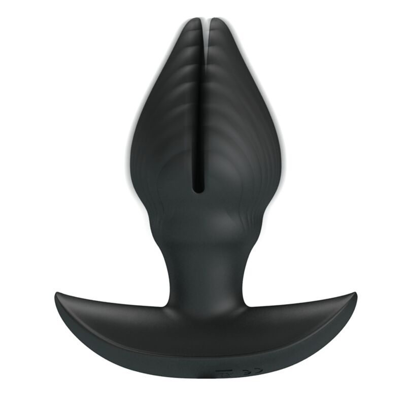 Close-up do PRETTY LOVE Plug Anal Inflável Recarregável com Vibração, mostrando seu design ergonômico e material de silicone preto.