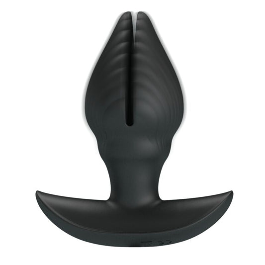 Close-up do PRETTY LOVE Plug Anal Inflável Recarregável com Vibração, mostrando seu design ergonômico e material de silicone preto.