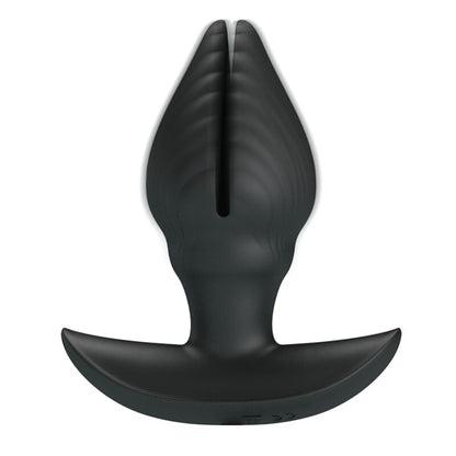 Close-up do PRETTY LOVE Plug Anal Inflável Recarregável com Vibração, mostrando seu design ergonômico e material de silicone preto.
