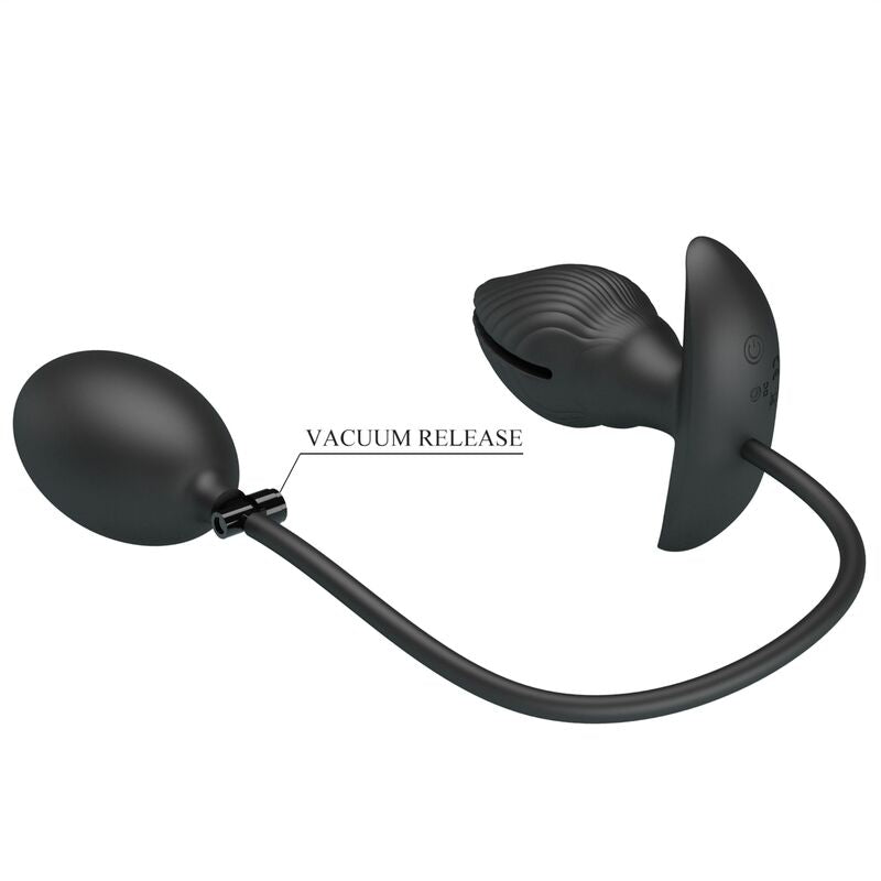 Close-up do PRETTY LOVE Plug Anal Inflável Recarregável com Vibração, mostrando seu design ergonômico e material de silicone preto.