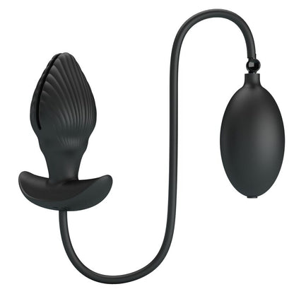 Close-up do PRETTY LOVE Plug Anal Inflável Recarregável com Vibração, mostrando seu design ergonômico e material de silicone preto.