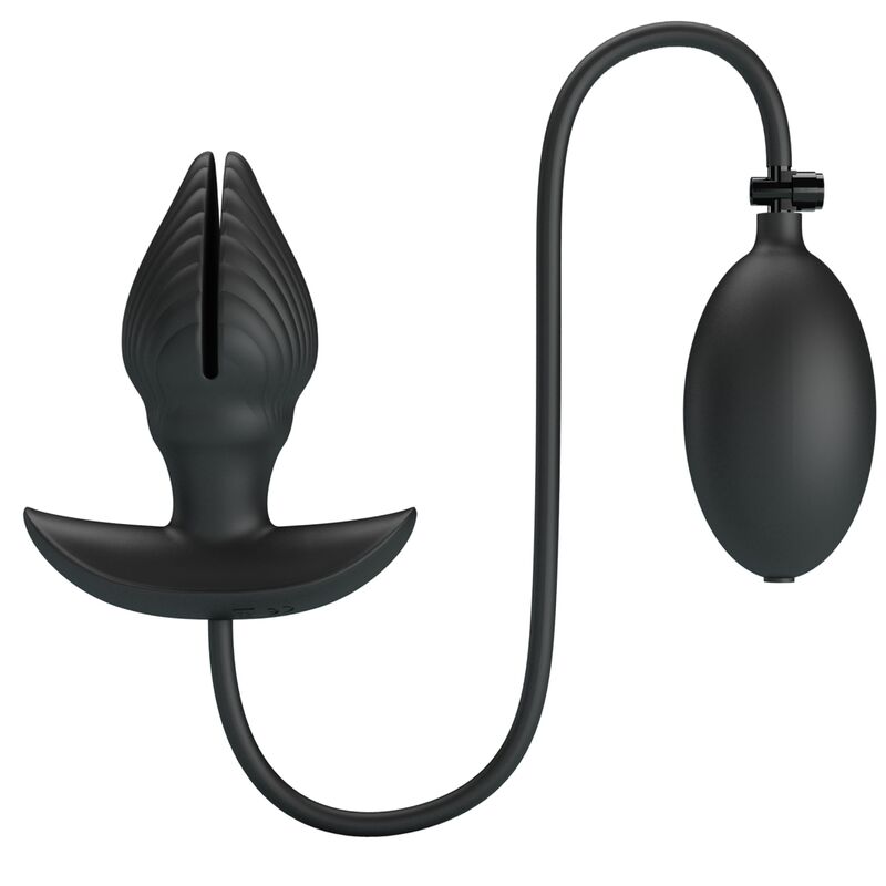 Close-up do PRETTY LOVE Plug Anal Inflável Recarregável com Vibração, mostrando seu design ergonômico e material de silicone preto.