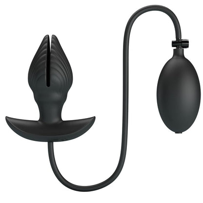 Close-up do PRETTY LOVE Plug Anal Inflável Recarregável com Vibração, mostrando seu design ergonômico e material de silicone preto.