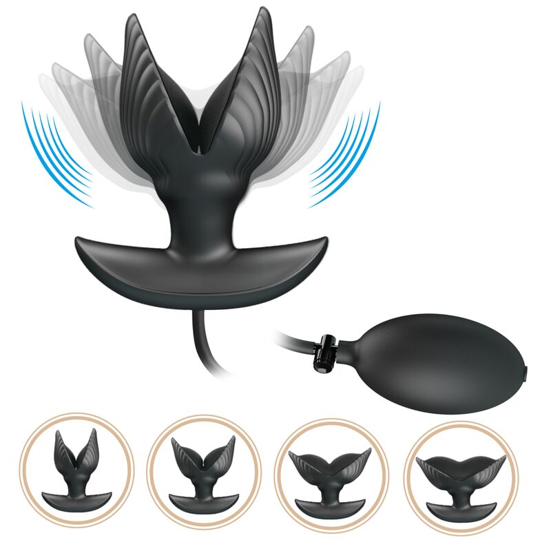 Close-up do PRETTY LOVE Plug Anal Inflável Recarregável com Vibração, mostrando seu design ergonômico e material de silicone preto.