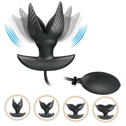 Close-up do PRETTY LOVE Plug Anal Inflável Recarregável com Vibração, mostrando seu design ergonômico e material de silicone preto.