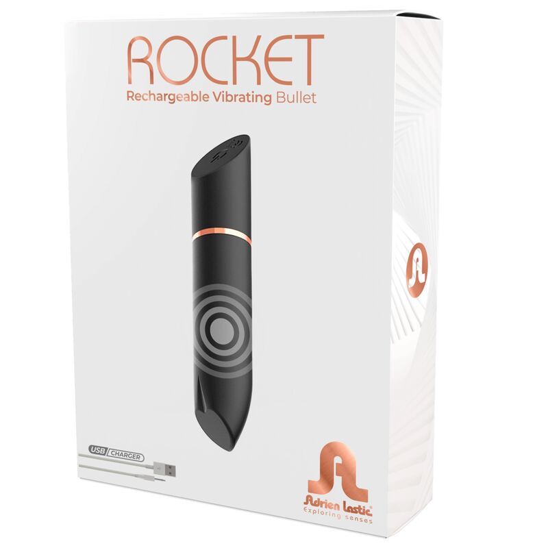 Bala Vibratória ADRIEN LASTIC Rocket preta, compacta e recarregável, para estimulação externa.