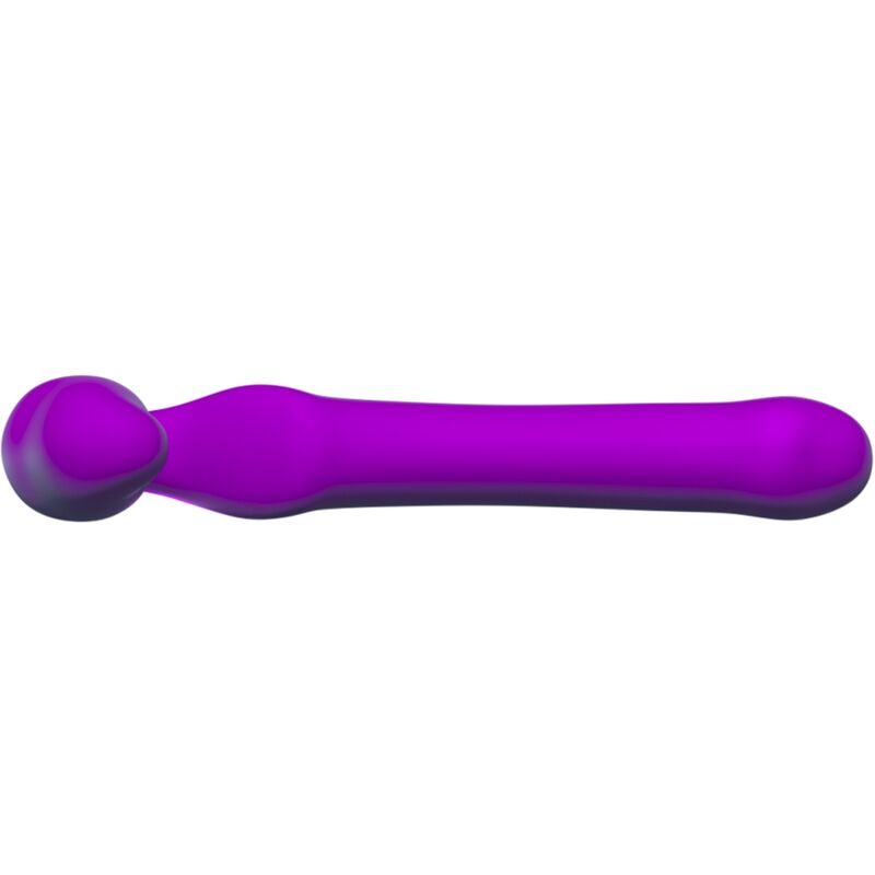 Close-up do ADRIEN LASTIC Queens Dildo Strap-On Flexível Dupla Penetração em silicone roxo.