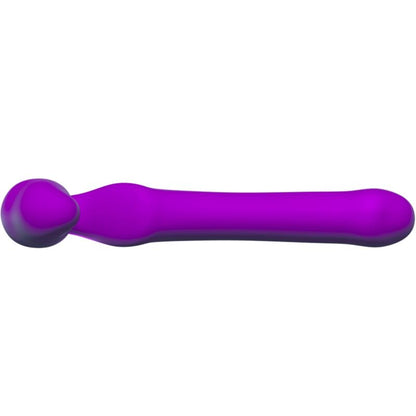 Close-up do ADRIEN LASTIC Queens Dildo Strap-On Flexível Dupla Penetração em silicone roxo.