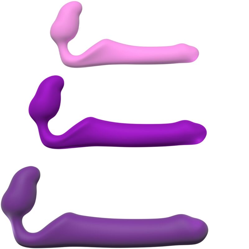 Close-up do ADRIEN LASTIC Queens Dildo Strap-On Flexível Dupla Penetração em silicone roxo.