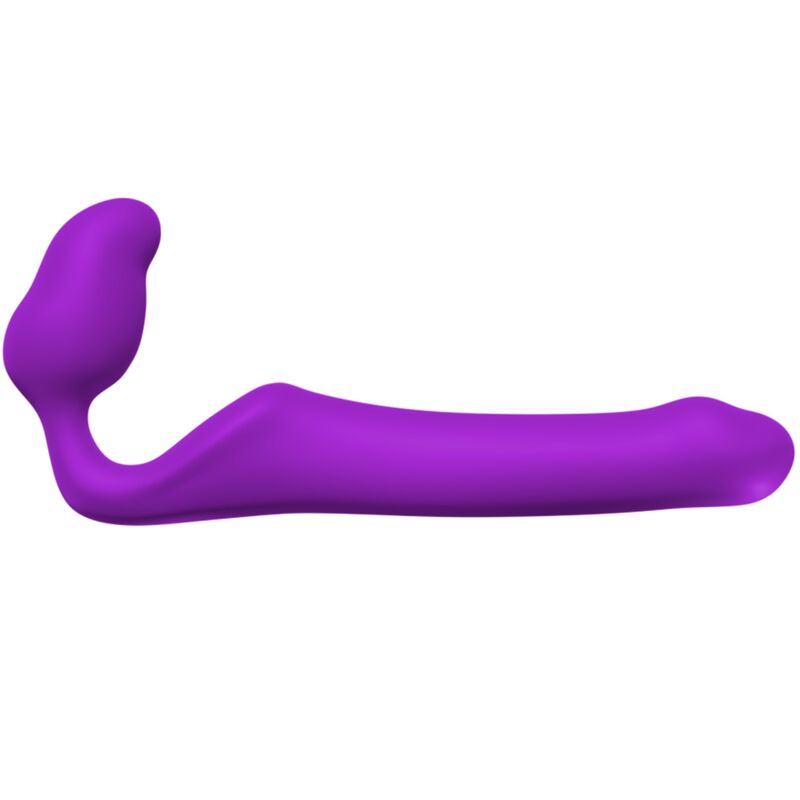 Close-up do ADRIEN LASTIC Queens Dildo Strap-On Flexível Dupla Penetração em silicone roxo.