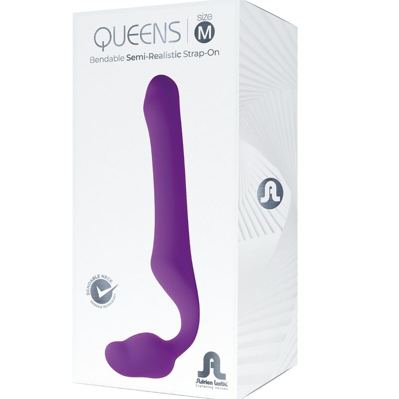 Close-up do ADRIEN LASTIC Queens Dildo Strap-On Flexível Dupla Penetração em silicone roxo.