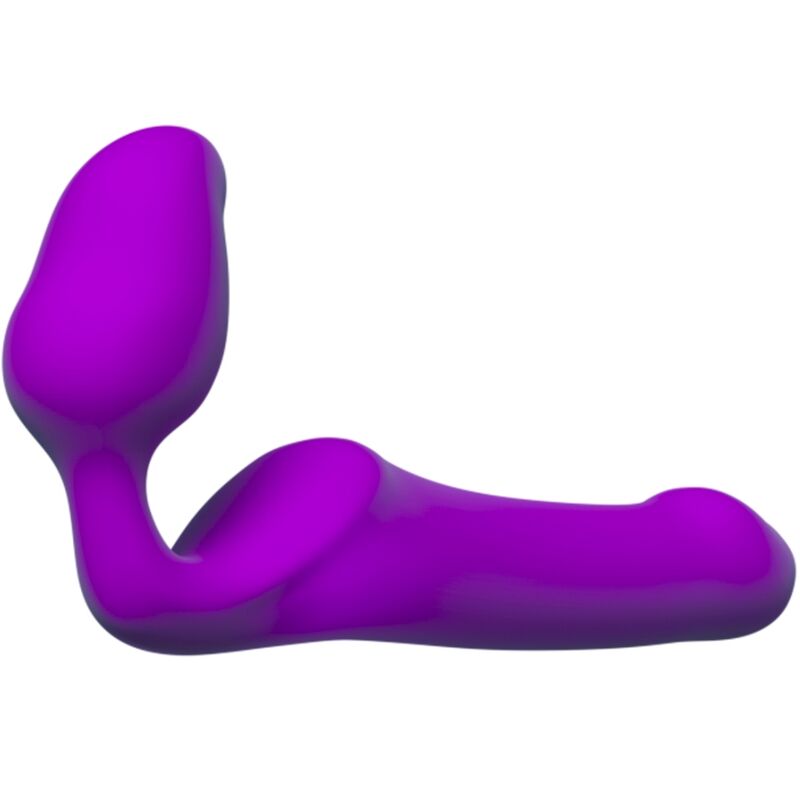Close-up do ADRIEN LASTIC Queens Dildo Strap-On Flexível Dupla Penetração em silicone roxo.