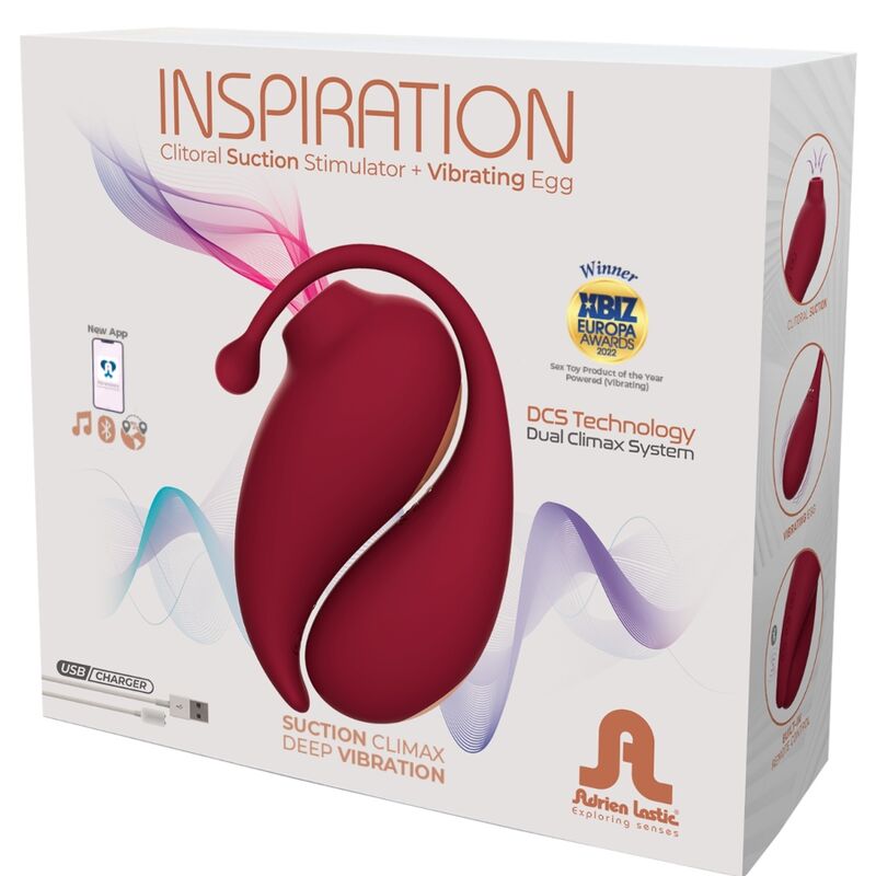 ADRIEN LASTIC Inspiration Clitoral Sucker e Ovo Vibratório, com controle via app, mostrando ambos os dispositivos e seus detalhes em vermelho.