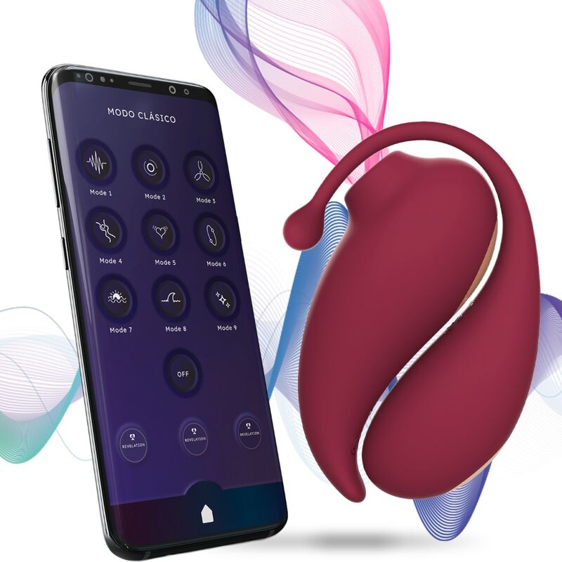 ADRIEN LASTIC Inspiration Clitoral Sucker e Ovo Vibratório, com controle via app, mostrando ambos os dispositivos e seus detalhes em vermelho.