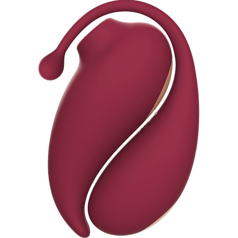 ADRIEN LASTIC Inspiration Clitoral Sucker e Ovo Vibratório, com controle via app, mostrando ambos os dispositivos e seus detalhes em vermelho.