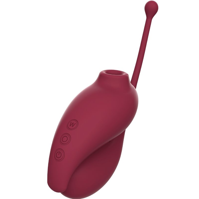 ADRIEN LASTIC Inspiration Clitoral Sucker e Ovo Vibratório, com controle via app, mostrando ambos os dispositivos e seus detalhes em vermelho.