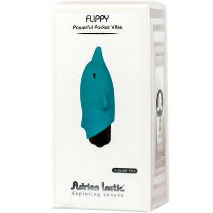 Close-up of the ADRIEN LASTIC Flippy Golfinho Pocket Vibrator, showing its ergonomic dolphin shape and soft silicone texture.