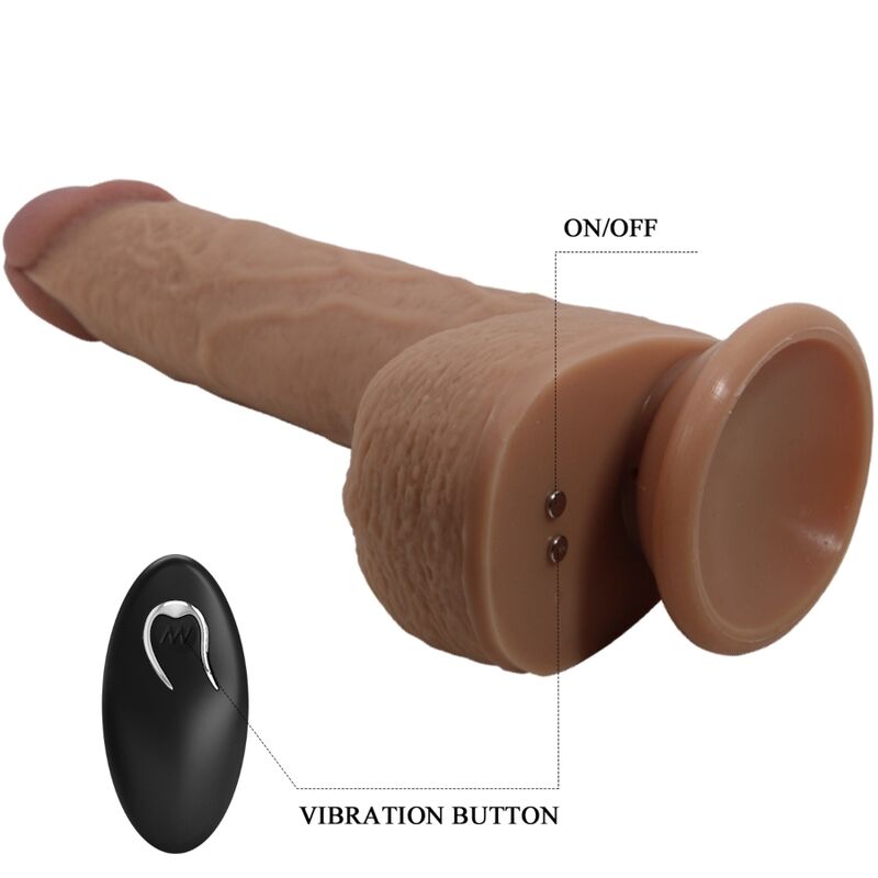 Close-up do vibrador dildo realista PRETTY LOVE Tommy de 22.5 cm, mostrando textura e funcionalidades de vibração e impulso.