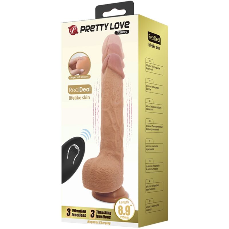 Close-up do vibrador dildo realista PRETTY LOVE Tommy de 22.5 cm, mostrando textura e funcionalidades de vibração e impulso.