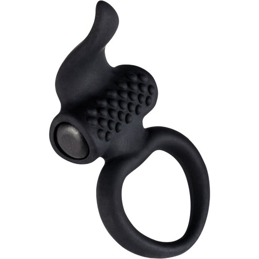 Close-up do ADRIEN LASTIC Anel Vibrador Lingus Black, mostrando o anel duplo e o estimulador em forma de língua para prazer a dois.
