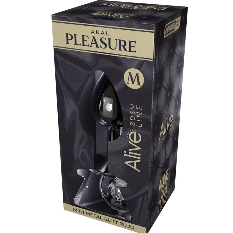 Close-up do ALIVE Mini Plug Anal Metálico Preto com Diamante, mostrando o seu design elegante e detalhe brilhante.