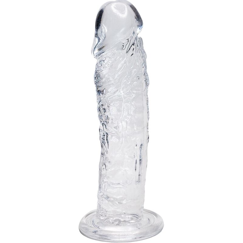 Close-up do Dildo ALIVE Pénis Realístico Transparente Empire 19,3 CM, mostrando sua textura e detalhes anatómicos.
