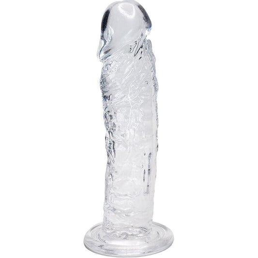 Close-up do Dildo ALIVE Pénis Realístico Transparente Empire 19,3 CM, mostrando sua textura e detalhes anatómicos.