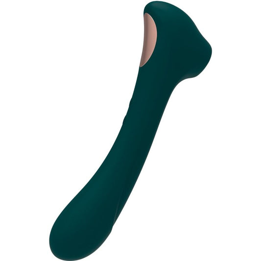 Close-up of the ALIVE Vibrador de Sucção e Estimulador Clitoriano Quiver Verde showing its ergonomic design and color.