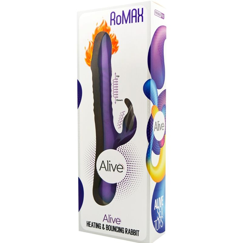 Vibrador Coelho de Silicone Violeta ALIVE RoMAX com funções de aquecimento e impulso.
