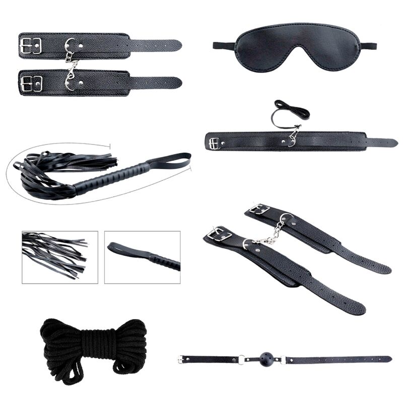 Detalhe do Kit BDSM Desejos Secretos ALIVE de 7 Peças, mostrando todos os acessórios incluídos para exploração sensorial.