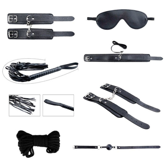 Detalhe do Kit BDSM Desejos Secretos ALIVE de 7 Peças, mostrando todos os acessórios incluídos para exploração sensorial.