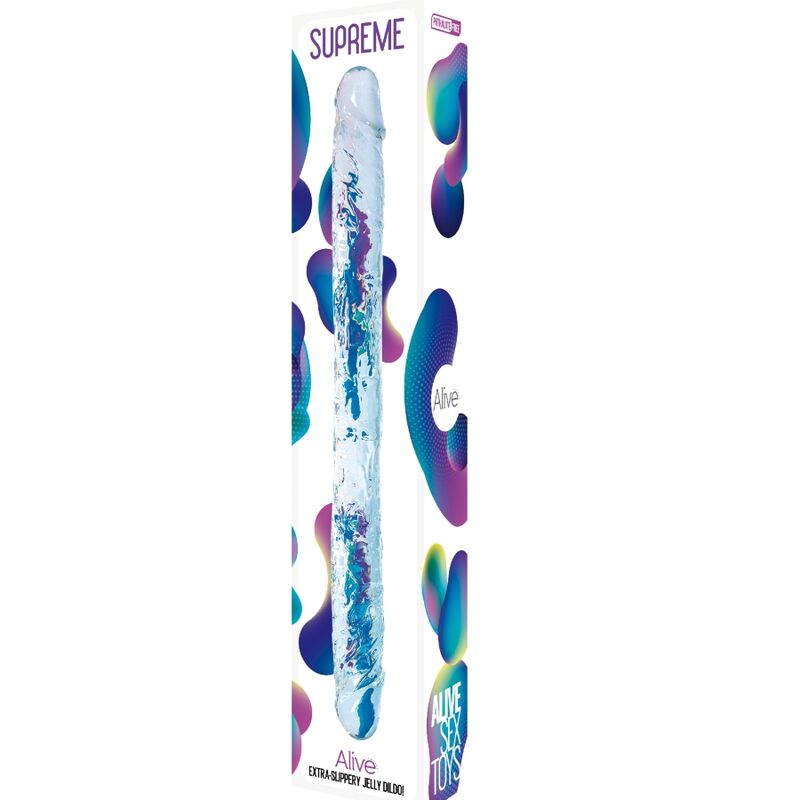 Dildo realista transparente ALIVE Supreme de 38,5 cm, mostrando seu design anatômico e material seguro para o corpo.