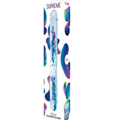 Dildo realista transparente ALIVE Supreme de 38,5 cm, mostrando seu design anatômico e material seguro para o corpo.