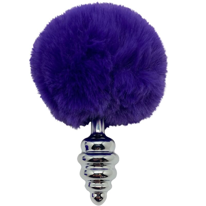 Imagem do Plug Anal Alive Espiral Metal Fluffy Violet S, destacando seu design em espiral, acabamento metálico e pompom roxo.