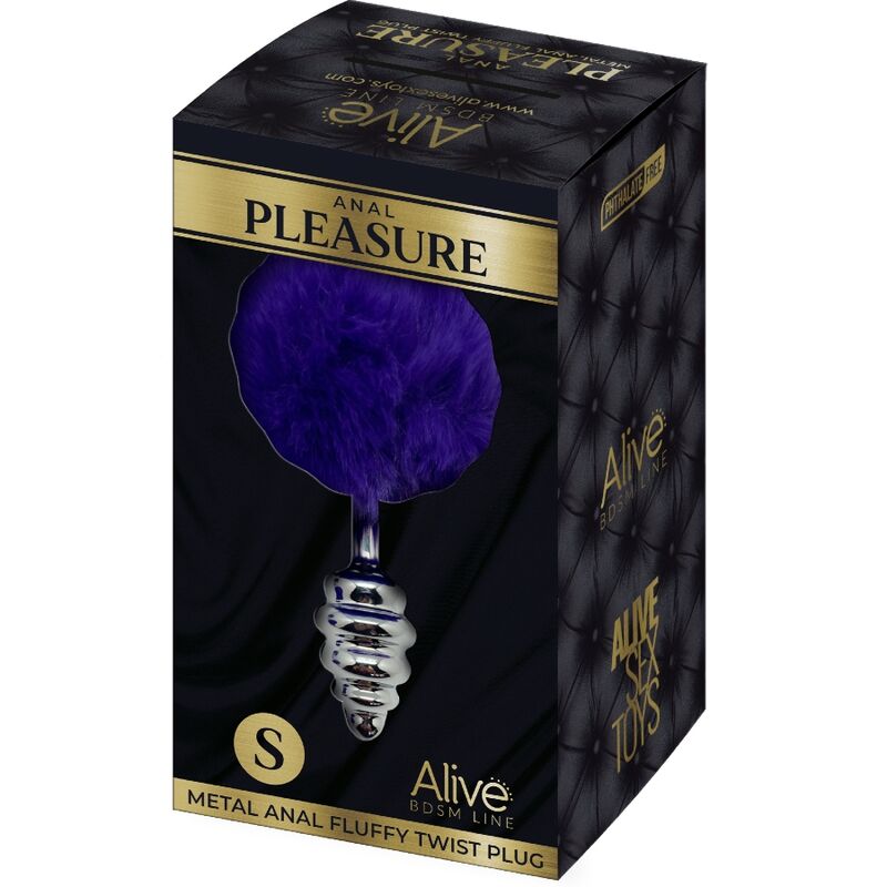 Imagem do Plug Anal Alive Espiral Metal Fluffy Violet S, destacando seu design em espiral, acabamento metálico e pompom roxo.