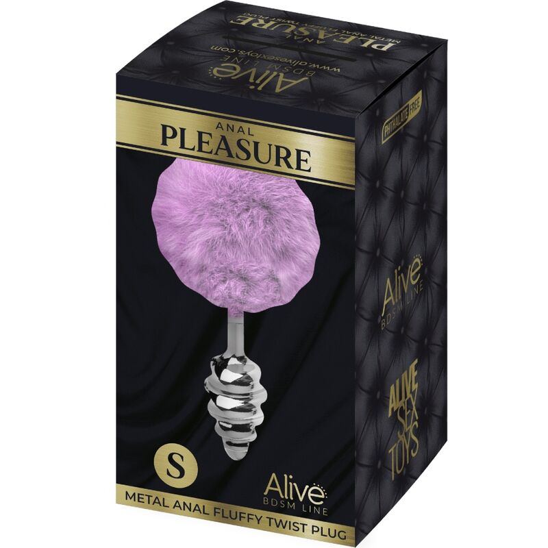 Close-up do ALIVE Plug Anal Metal Espiral Fluffy Violeta Tamanho S, mostrando seu design único e cauda macia.