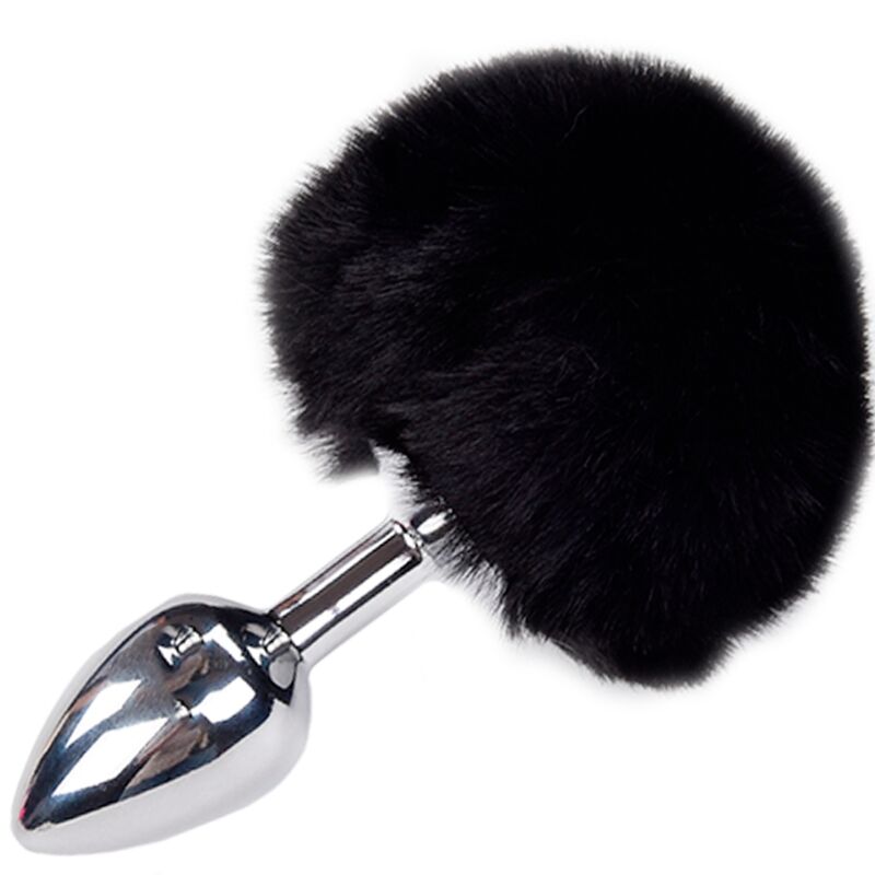 Imagem do ALIVE Plug Anal de Metal Liso com Pompom Fluffy Preto Tamanho S, destacando o design elegante e o pompom macio.