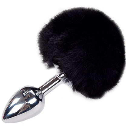 Imagem do ALIVE Plug Anal de Metal Liso com Pompom Fluffy Preto Tamanho S, destacando o design elegante e o pompom macio.