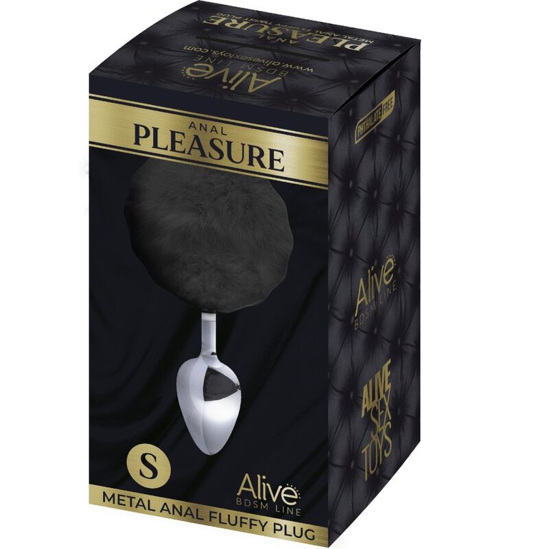 Imagem do ALIVE Plug Anal de Metal Liso com Pompom Fluffy Preto Tamanho S, destacando o design elegante e o pompom macio.