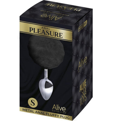 Imagem do ALIVE Plug Anal de Metal Liso com Pompom Fluffy Preto Tamanho S, destacando o design elegante e o pompom macio.