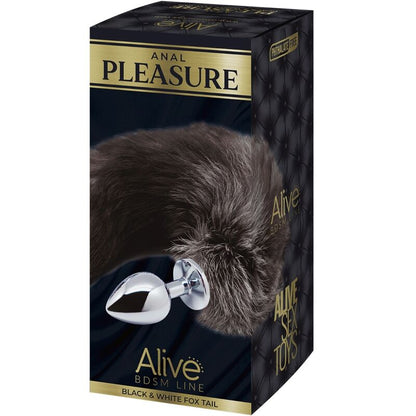 ALIVE Plug Anal Rabo de Raposa Metálico Tamanho S com cauda branca e preta, mostrando o design e material.