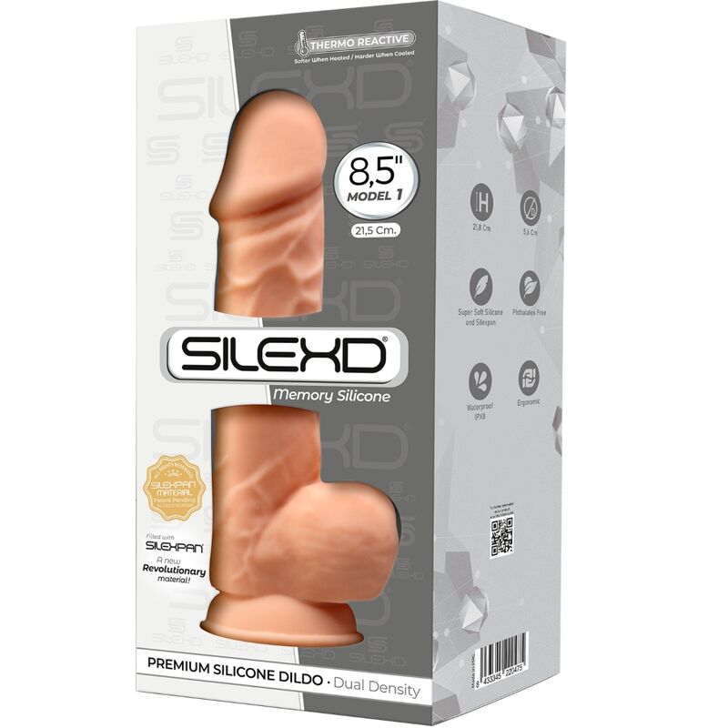Close-up do Dildo Realista SILEXD Premium Silexpan Silicone 21.5cm, destacando a textura e o design realista.