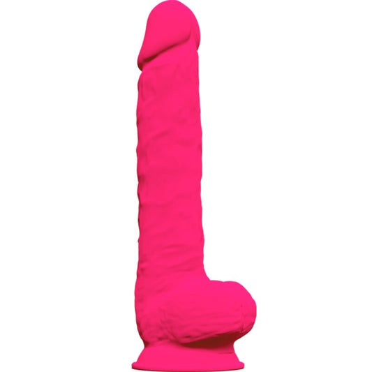 Close-up do Dildo Realístico SILEXD Silexpan Fúcsia de 38 CM, destacando sua textura de silicone e base com ventosa.