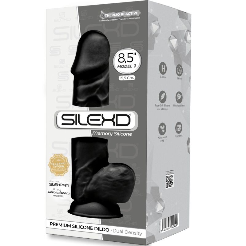 Close-up do Dildo Realístico Premium SILEXD Modelo 1 Silexpan Silicone Preto 21.5 cm, destacando sua textura realista e base com ventosa.