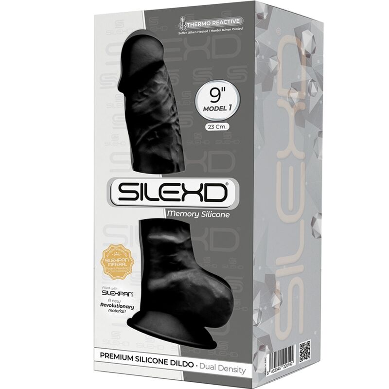 Pênis Realístico SilexD Silexpan Silicone Preto 23cm com base de ventosa, mostrando a textura realista e cor preta.